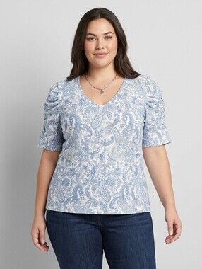 Ann Taylor White/Blue Paisley Print V-Neck Puff Sleeve Top Size Large